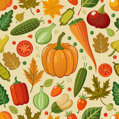 Seamless autumn pattern of vegetables, pumpkins, corn, peppers and falling leaves.