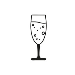 Black and white minimalist illustration of a champagne glass with bubbles. Ideal for celebration and party-themed designs, especially for New Years and festive occasions.