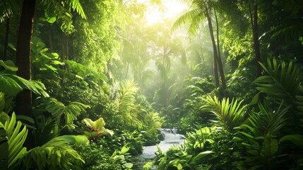 Fototapeta premium Lush green tropical rainforest with a small waterfall flowing through it.