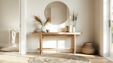 Entryway featuring a sleek console table made of solid oak, a large circular mirror, and a woven natural fiber rug for a simple yet luxurious feel.
