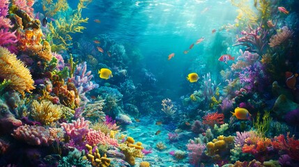 Naklejka premium Colorful fish swim through a vibrant coral reef.