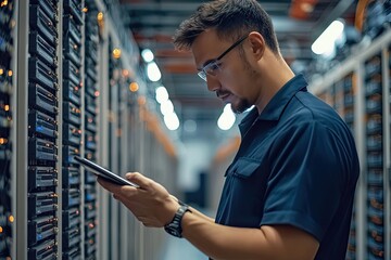 Portrait of a handsome young man with a shirt  using a tablet in a server room datacenter