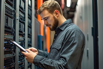 Portrait of a handsome young man with a shirt  using a tablet in a server room datacenter