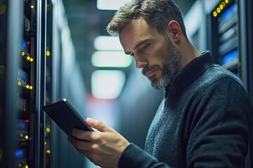 Portrait of a handsome young man with a shirt  using a tablet in a server room datacenter