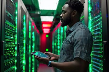 Portrait of a handsome young man with a shirt  using a tablet in a server room datacenter