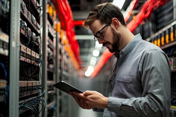 Portrait of a handsome young man with a shirt  using a tablet in a server room datacenter