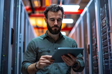 Portrait of a handsome young man with a shirt  using a tablet in a server room datacenter