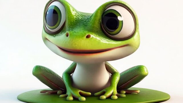 A cartoon frog with big eyes and a smile is sitting on a green leaf