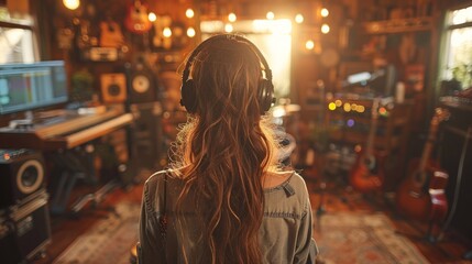 Fototapeta premium A woman wearing headphones is standing in a room with a lot of musical equipment