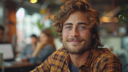 Fototapeta premium A man with a beard and a plaid shirt is smiling at the camera
