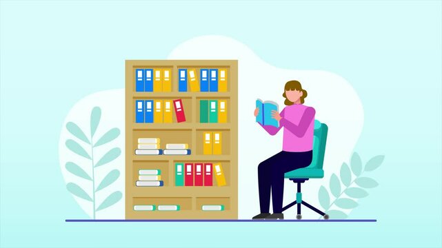 Animated video reading book concept. Full length animation illustration. High quality 4k footage.