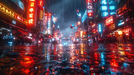 Fototapeta premium A city street with neon signs and rain