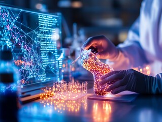 A scientist examines glowing particles in a laboratory, showcasing advanced technology and innovative research methods.