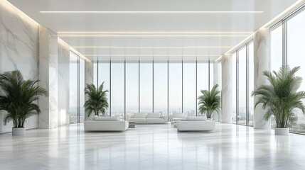Fototapeta premium Spacious empty room with large floor-to-ceiling windows offering a panoramic city view, filled with natural light.