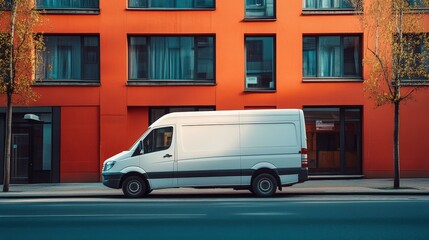 Obraz premium White Delivery Van Parked in Front of Orange Building