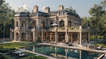 Fototapeta premium A large house with a pool and a balcony