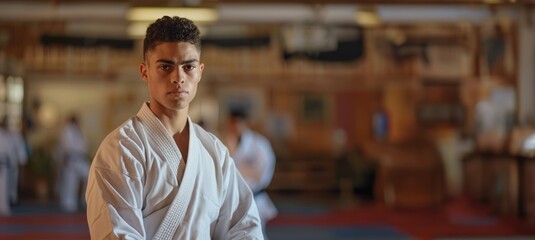Focused karateka in traditional dojo environment for martial arts training and discipline concepts AI