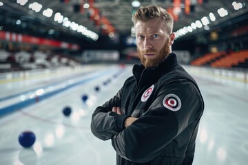 Determined male curler on ice in competitive arena setting AI
