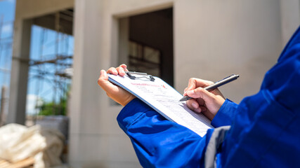 An architect is checking on house building quality checklist form to inspecting the progress with...