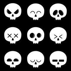Collection of cute simple skulls with different emotions. Stickers, emoji. Cute cartoon elements for Halloween design. 