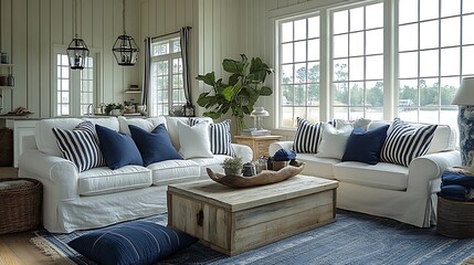 Fototapeta premium An inviting living room in a coastal cottage, showcasing navy and white striped sofas, a weathered wood coffee table, and nautical decor, with sunlight filtering through the windows, hd quality,