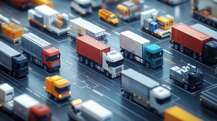 Miniature Trucks on a Road, Top View, Logistics, Transportation, Delivery