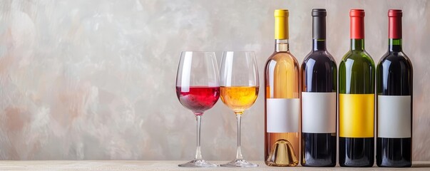 Brightly colored wine bottles and glasses, arranged in an artistic, inverted composition with dynamic brushstrokes and texture