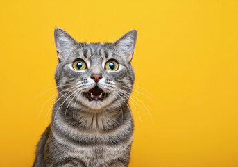 Obraz premium Surprised grey cat with mouth open isolated on yellow background.