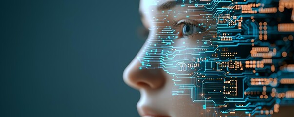 Digital AI face with LLM and circuitry, showcasing the integration of human-like intelligence and advanced technology