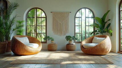 Boho-chic coastal living room featuring rattan chairs, a macramé wall hanging, and lush tropical plants, complemented by coastal-inspired decor, warm natural light filling the space, hd quality,