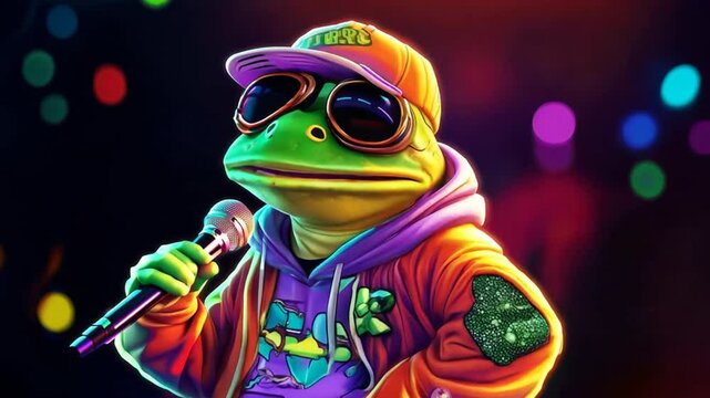 A frog wearing a microphone and sunglasses is standing on a stage