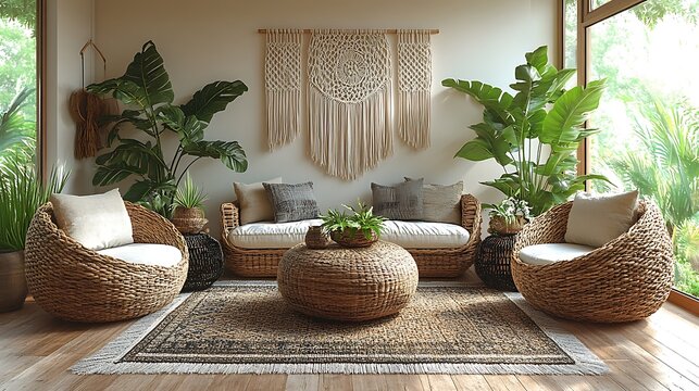 Boho-chic coastal living room featuring rattan chairs, a macram&eacute; wall hanging, and lush tropical plants, complemented by coastal-inspired decor, warm natural light filling the space, hd quality,