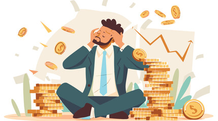 Failed stressed businessman lost money from stock trading in flat design. Negative profit investment concept. Bankruptcy.