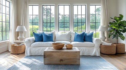 Obraz premium Bright and airy coastal cottage living room, with all-white furniture, light blue pillows, wicker baskets, and a driftwood coffee table, soft sunlight filling the room through large windows,