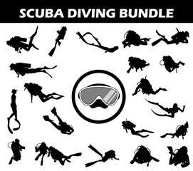 Scuba Silhouette Bundle | Collection of Scuba Players with Logo and Scuba Equipment