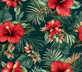 11. Lush floral design with hibiscus flowers, palm leaves, and tropical elements in vivid reds and greens on a deep teal background 