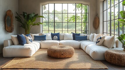 Bright and airy coastal living room with wicker sofas, a woven rug, and nautical-themed pillows, sunlight pouring in through large windows, creating a warm and welcoming retreat, hd quality,