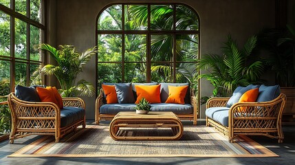 Bright and colorful tropical living room with bamboo furniture, cushions in bold hues, and palm leaf-patterned wallpaper, large windows bringing in soft sunlight and views of a tropical garden,