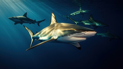 A stunning underwater scene featuring a group of sharks gliding gracefully through crystal-clear ocean waters.