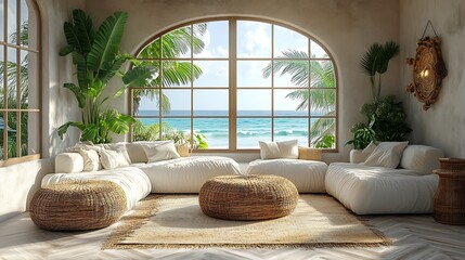 Chic coastal living room featuring elegant furniture with coastal-inspired patterns, vintage decor elements, and soft ambient lighting, large windows providing a stunning ocean view, hd quality,