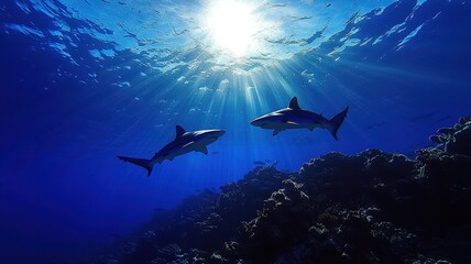 Obraz premium Two sharks glide gracefully through the crystal-clear ocean waters, illuminated by the sun's rays.