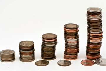 Stacked coins increasing in height representing financial growth and economy trends AI