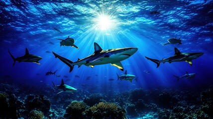 Vibrant underwater scene featuring a school of sharks swimming gracefully under beams of sunlight in a coral-rich environment.