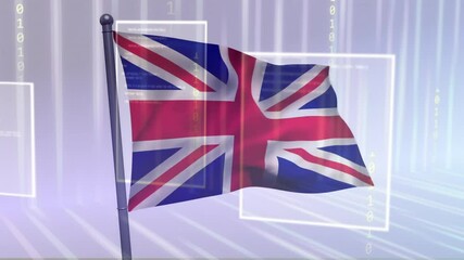 Union Jack flag waving over digital data processing animation - Powered by Adobe
