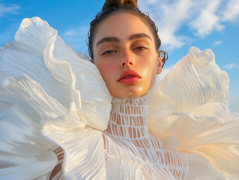 A model wearing a dramatic white ruffled dress against a blue sky backdrop. Elegant, high fashion portrait with a serene and airy atmosphere.