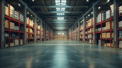 Fototapeta premium Empty Warehouse Interior with Red Metal Shelves and Pallets of Goods