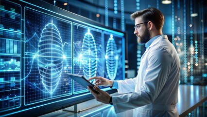 Fototapeta premium Scientist in a futuristic biotech lab analyzing bioinformatics data on a holographic display