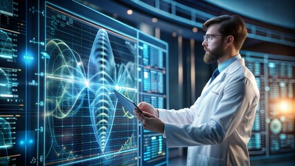 Scientist in a futuristic biotech lab analyzing bioinformatics data on a holographic display
