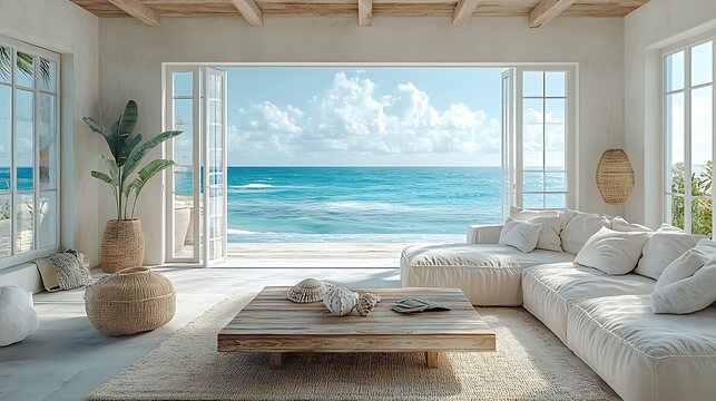 Fototapeta Coastal living room featuring soft pastel walls, a white-washed wood coffee table, and seashell decor, with large windows providing an unobstructed view of the serene ocean,