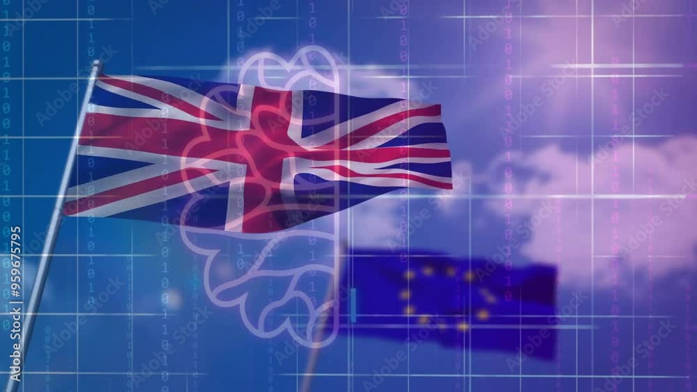 Poster union jack and eu flags with binary coding and grid animation